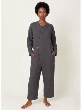 NWT Black Crane Tie Jumpsuit in Dark Gray Cotton Linen Relaxed Boxy Oversize XS
